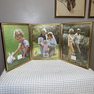 Vintage MCM Gold Tone Ornate Metal Tri-Fold Hinged Picture Frames 8 x 10 Classic